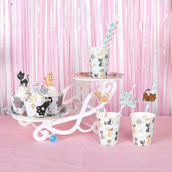 146Pcs Serves 16 Cat Theme Birthday Party Decorations Set,Kitten Disposable tableware,9in/7in Plates,Napkins,Cups,Knives,Forks,Spoons,Cupcake Toppers＆Wrappers Table Cover and Banner Party Favor.