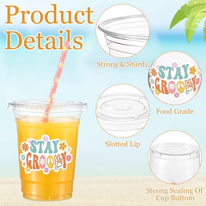 Yungyan 50 Sets Groovy Theme Party Plastic Cups with Lids and Straws 16 oz Coffee Juice Drinking Cups for Birthday Baby Shower Party Supplies