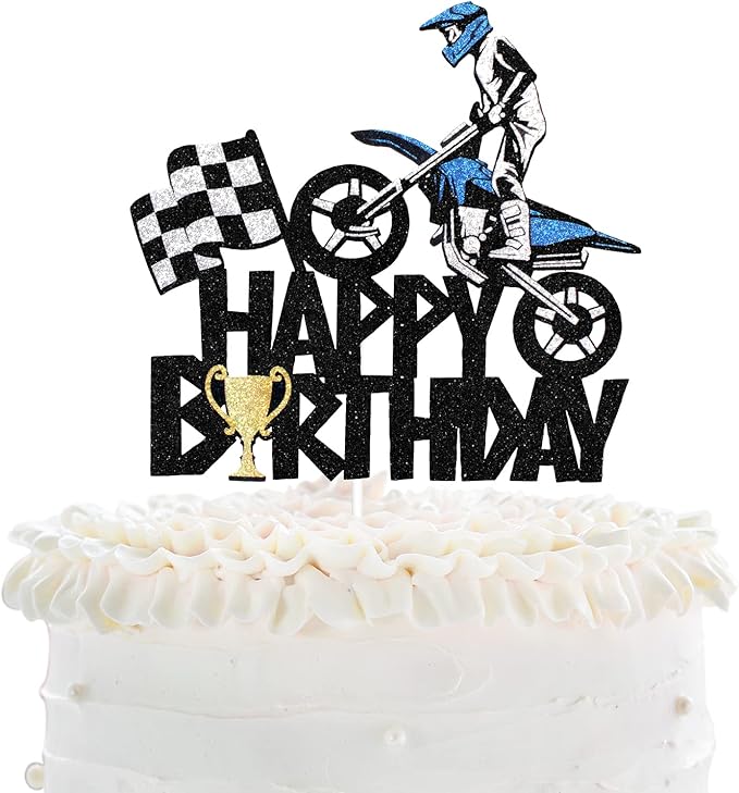 Motorcycle Happy Birthday Cake Topper - Extreme Sports Racing Birthday Party Glitter Autocycle Player Cake Topper - Sport Man Boy Motocross Racing Birthday Party Supplies
