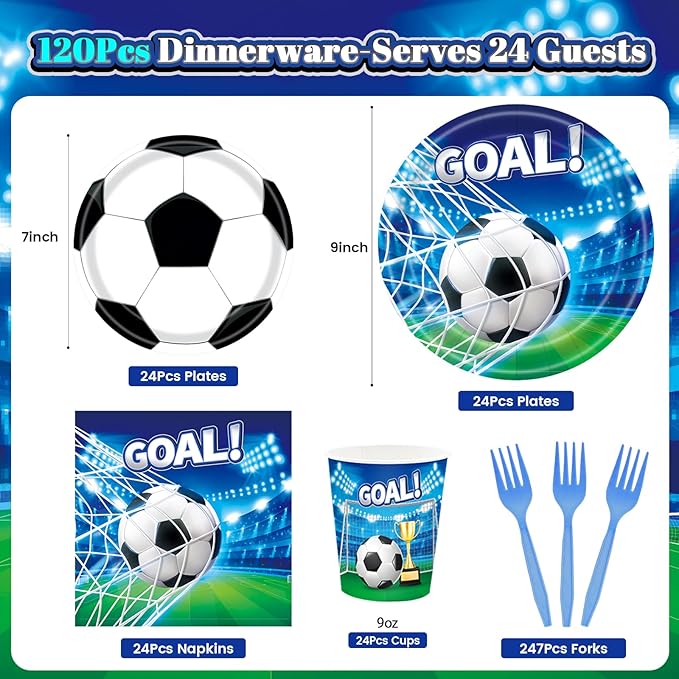REDWORD Soccer Party Decorations, 120Pcs Soccer Birthday Party Supplies-Serves 24 with Soccers Plates Cups and Napkins for Sports Boy's Birthday Decorations
