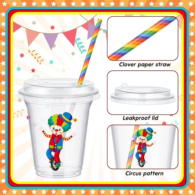 Boao 36 Sets Circus Carnival Cups with Lids and Paper Straws 14 oz Circus Carnival Birthday Party Supplies Favors Disposable Clear Plastic Cups Bulk
