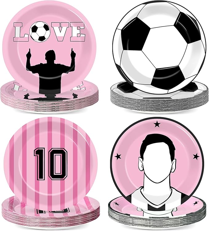 48Pcs Soccer Paper Plates Soccer Star Disposable Dessert Plates Supplies 7Inch Black and Pink Sports Ball Plate Sport Party Dinnerware Decorations for Birthday Baby Shower Party Decorations