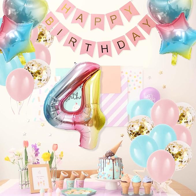 4th Birthday Decorations for Girls Gradient color Age 4 Birthday Balloons with Happy Birthday Banner for Baby showers Fourth Birthday Party Supplies for Girls Boys (4th-Birthday)