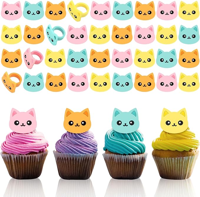 Chuangdi 48 Pieces Cat Cupcake Rings Cute cake Toppers Rings Colorful Cat Birthday Cupcake Decorations for Pet Themed Party Supplies, 4 Styles