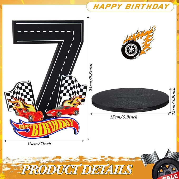 Race Car 7th Birthday Number Sign Centerpiece Race Car Theme 7th Birthday Party Supplies Wooden Table Decoration Photo Props for Boys Seven Years Old