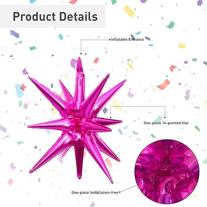 6 Pcs Rose Red Star Foil Balloons One-Piece 14-Pointed Star Balloon 4D Starburst Cone Mylar Balloon 22inch Christmas Birthday Wedding Wedding Anniversary Party Supplies(Rose Red)