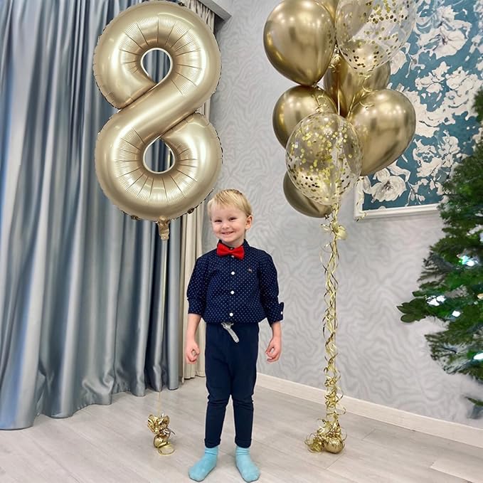 Metallic Gold Number 8 Balloons, 40 Inch Giant Light Champagne Gold Mylar Foil Number 8 Ballon for Boy Girl, Self Inflating 8th Birthday Helium Balloon for Women Anniversary Party Decorations Supplies