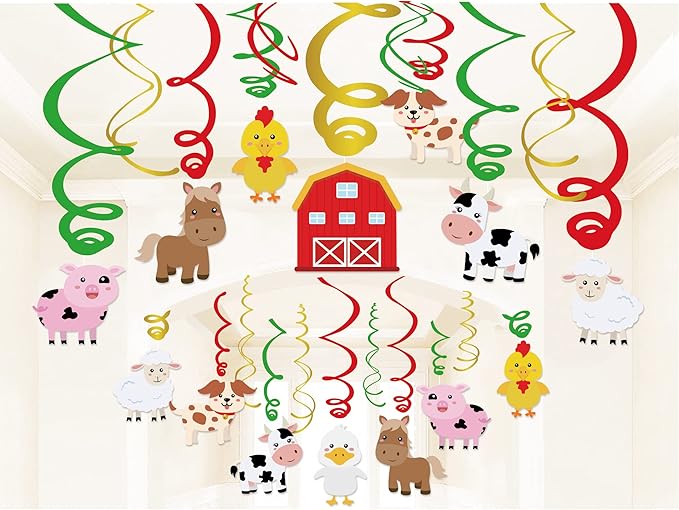 30Pcs Farm Animal Hanging Swirl Decorations Farm Animal Theme Ceiling Whirl Hanging Decorations Barnyard Party Supplies Barn Yard Ceiling Swirls for Zoo Farmhouse Theme Birthday Party Decor