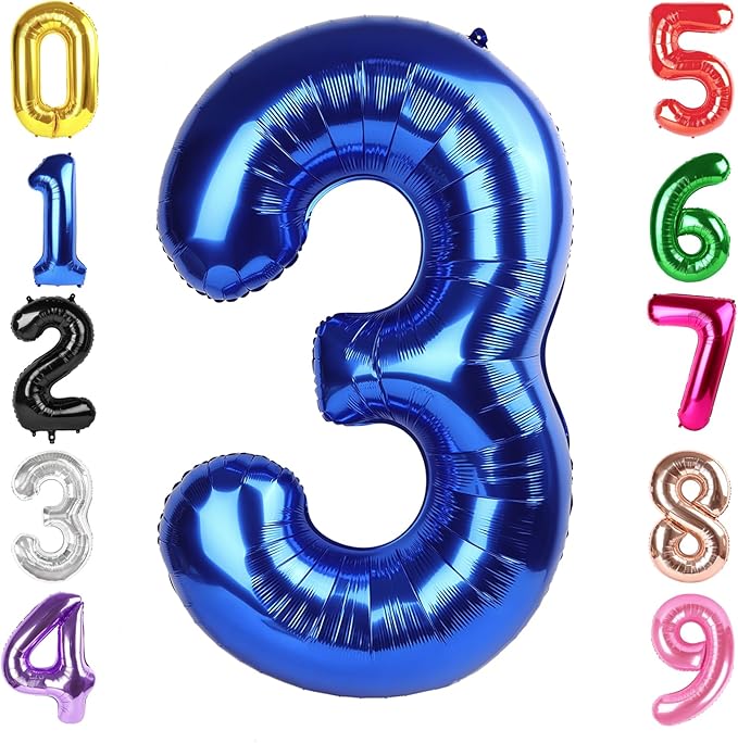 40 Inch Metallic Blue Number 3 Balloon, Giant 3 Number Balloons for 3rd Birthday Decorations, Party Supplies for Baby Boy Girl, Metallic Blue Party Decor