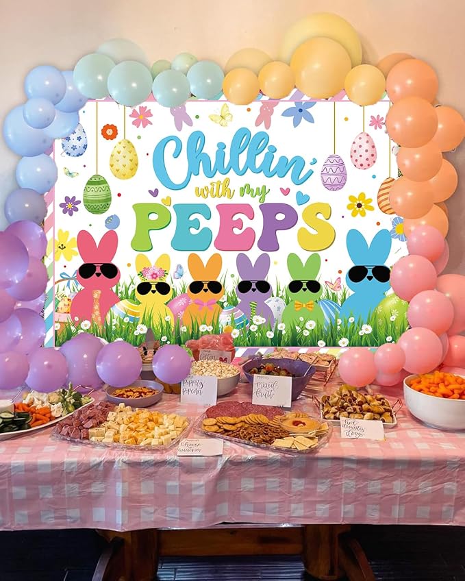 Chillin with My Peeps Banner Backdrop 8x6FT Bunny Happy Easter Peeps Background Spring Party Decorations Supplies Photo Props