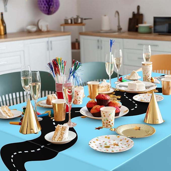 Irenare 3 Pcs Racing Table Cloths Car Birthday Party Supplies 54 x 108 Inch Racetrack Table Runner Covers Disposable Rectangular Road Tablecloth for Kids Boy Car Theme Party Decor (Light Blue)