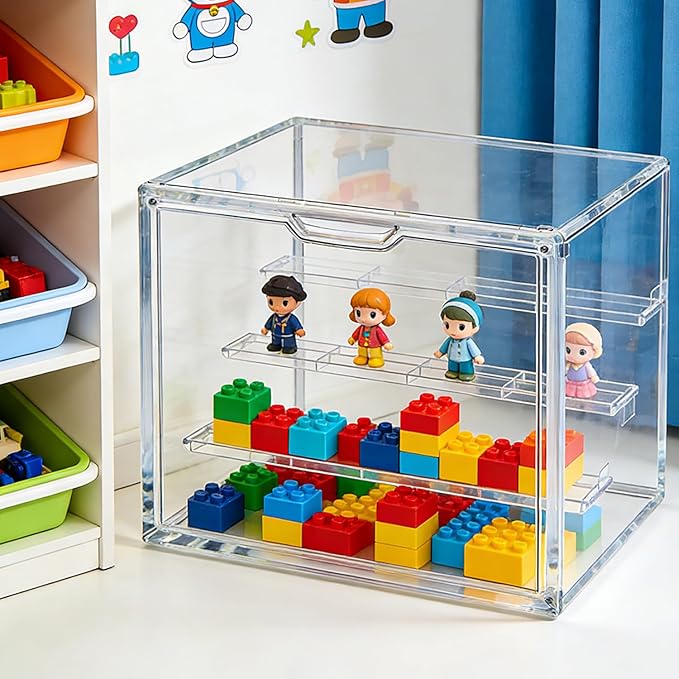 Clear Acrylic Display Case for Collectibles Storage Box 4 Tiers Stackable Showcase with 3 Movable Plates and Magnetic Door for Action Figures Mini Potted Plants Blind Box