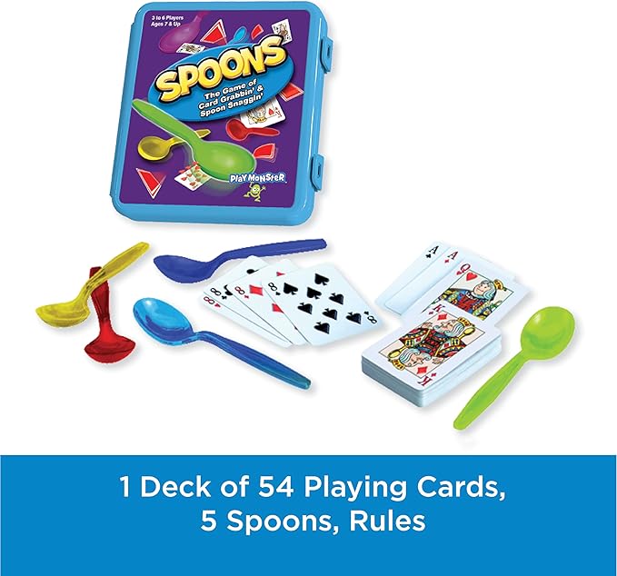 PlayMonster Spoons in a Case, Card Games for Kids - Spoons Game, Fun Family Games for Kids and Adults, Game Night, Travel Games, 3-6 Players, Ages 7+