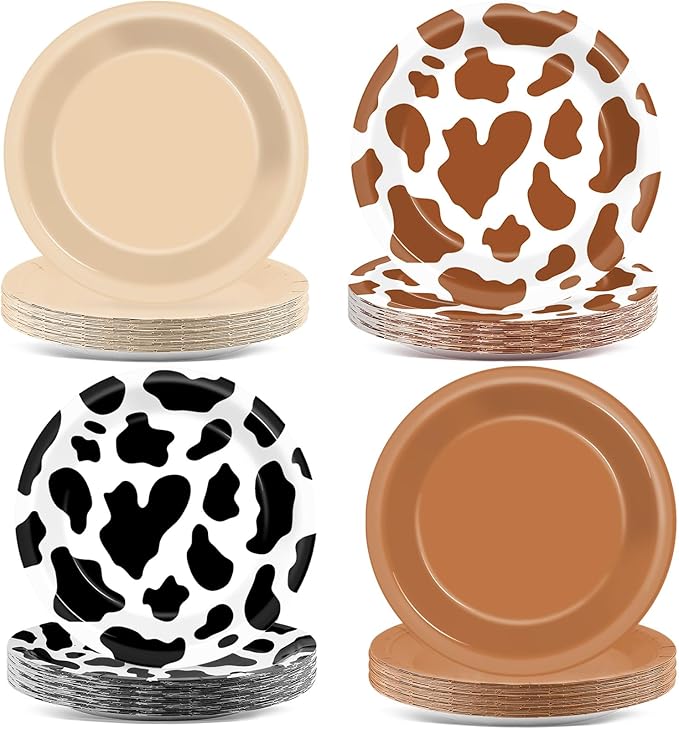 CHUNNIN 48Pcs Western Cowboy Party Paper Plates 7” Cow Print Party Supplies Brown Cowgirl Disposable Dessert Dinner Plates for Western Theme Farm Animal Birthday Baby Shower Farmhouse Party Decoration