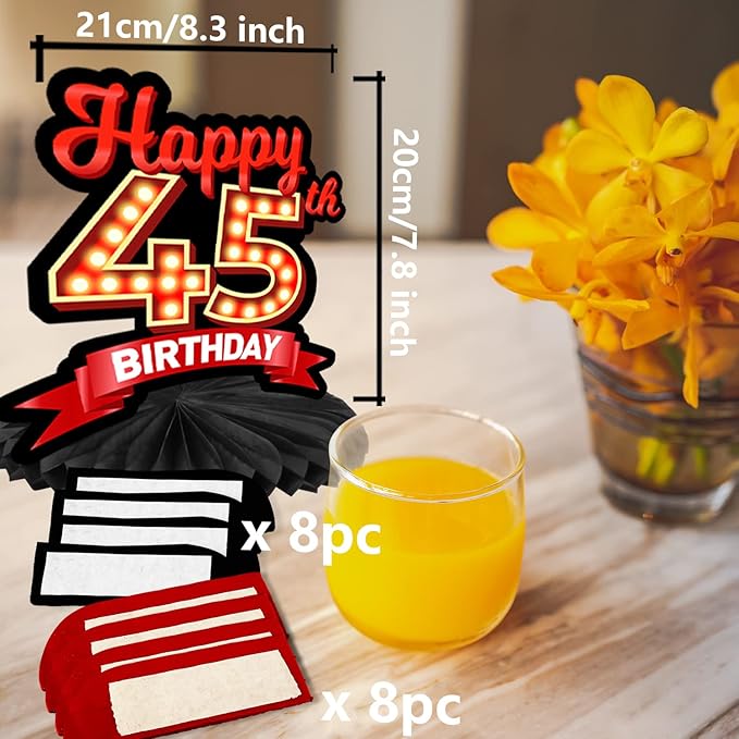 Happy 45th Birthday Red and Black Table Honeycomb Centerpieces Balloons Theme Decor Table Decorations Table Toppers for Girls Women Princess 45 Years Old Birthday Party Bday Supplies Background Gold