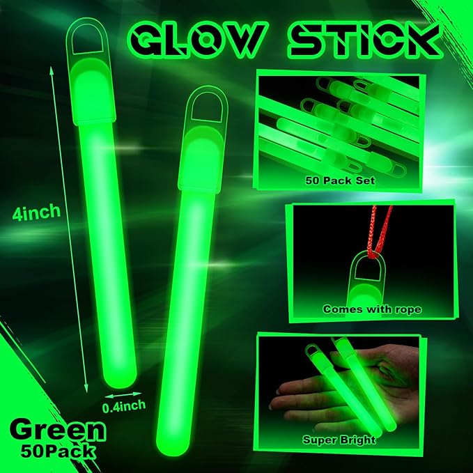 Lewtemi 50 Pack 4" Bright Bulk Glow Sticks in Green , Green Glow Sticks in Dark Party Supplies Birthday Holidays Camping