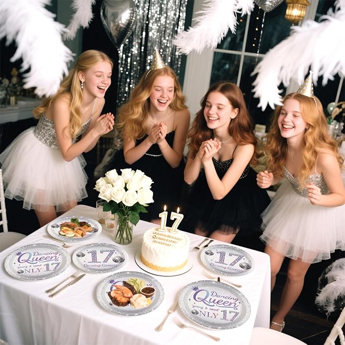 Grencian 96 Pcs Dancing Queen 17th Birthday Party Supplies Dancing Queen 17th Paper Plates and Napkins Disposable Silver Disco Party Tableware Set for Girls 17 Year Old Birthday Decorations Serves 24