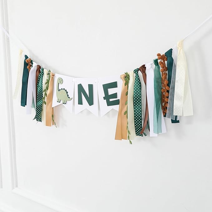 Dinosaur 1st Birthday High Chair Banner - Baby Boy First Highchair Banner for Party Supplies, Dinosaur Themed One High Chair Garland Birthday Party Decorations, Cake Smash Photo Props