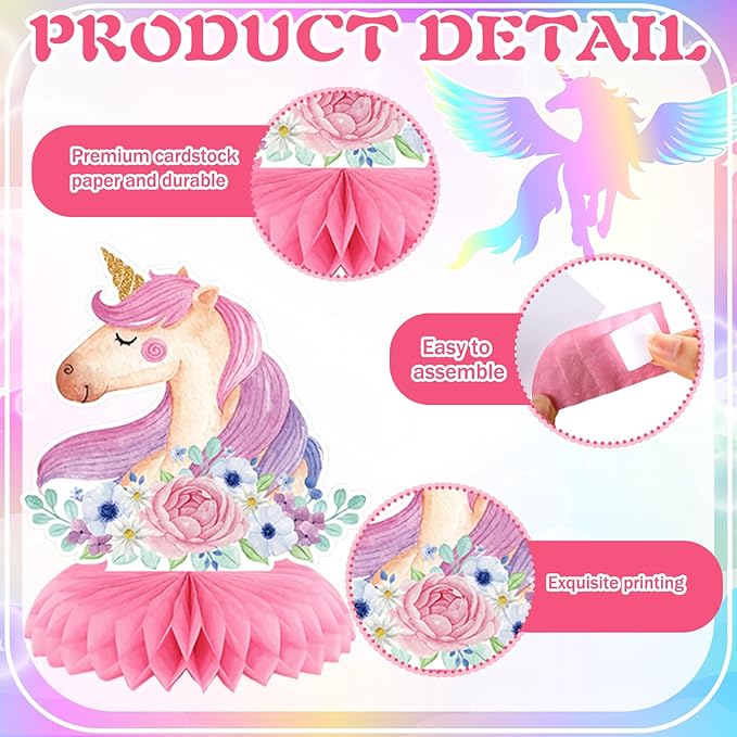 Pickmesh 12 Pcs Unicorn Birthday Party Decorations Unicorn Honeycomb Centerpieces 3D Pastel Double Sided Rainbow Cloud Cupcake Castle Table Decoration Table Topper for Princess Birthday Party Supplies