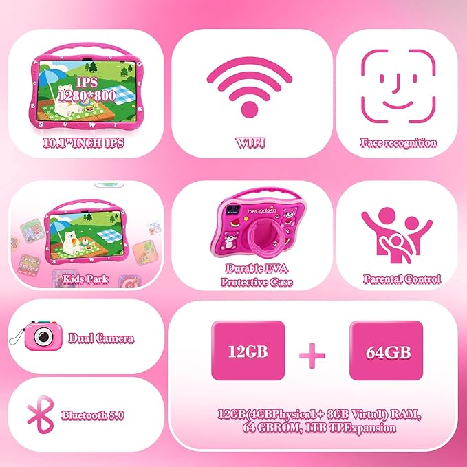 Kids Tablet, 10.1 inch Tablet for Kids, Educational Learning Toddler Tablet Android 14, 12GB RAM+64GB ROM Storage, 5G WiFi,for Baby Girl boy 3-10(Red)