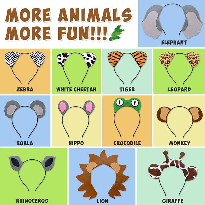 12pcs Jungle Animal Safari Headbands with Animal Hair Hoops - Photo Booth Props, Party Favors and Decorations for Kids and Adults