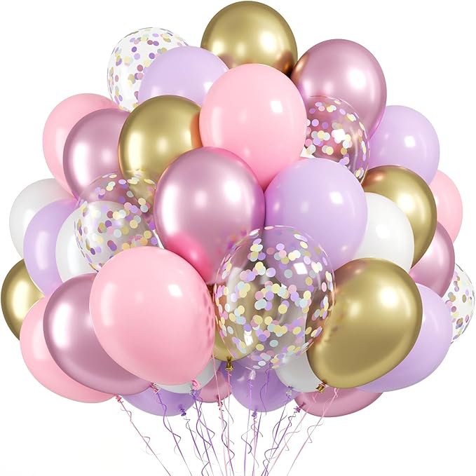 FunHot Pink Purple Balloons, 50 Pcs Metallic Gold Pink Balloon, 12 Inch Pastel Purple Colorful Confetti Latex Balloons for Girls Baby Shower Wedding Women Birthday Anniversary Butterfly Party Decor