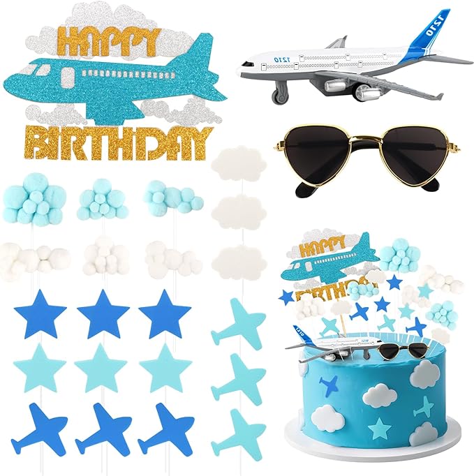 Hooqict 25 Pieces Airplane Cake Topper Decorations with Mini Sunglasses Blue White Cloud Happy Birthday Cake Toppers & Cupcake Toppers for Airplane Themed Party Decorations Supplies