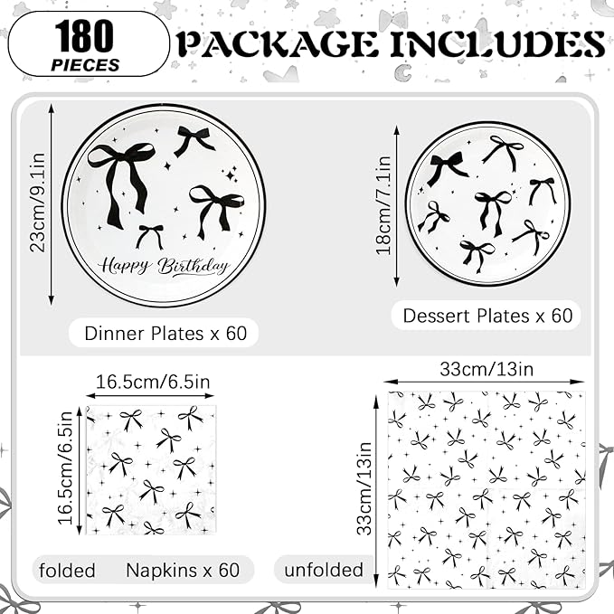 180Pcs Black Bow Birthday Party Supplies Paper Plates and Napkins Serve 60 Disposable Tableware Set for Birthday Party Decorations Game Day Family Holiday Sports Events