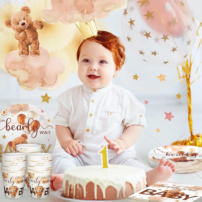 Hushee 200 Pcs Brown Bear Baby Shower Paper Plates Napkins Cups Baby Shower Party Supplies Tableware Set Brown Bear Disposable Cup Napkin for 50 Guest Spring Party Decoration