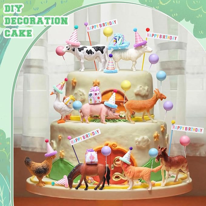 Weysat 37 Pcs Farm Animal Birthday Party Decorations, Farm Cake cupcake Toppers with Mini Hats Miniature Flags Gift Boxes Balls Bows Figure Models for Farmhouse Birthday Party Decor Supplies Adults