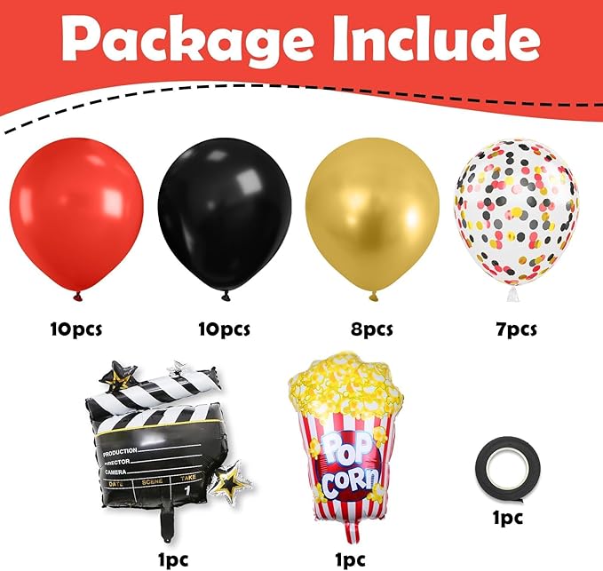 Movie Night Party Balloons, Red Black Gold Confetti Balloons with Film Clapboard and Pop Corn Foil Balloon for Boy Girl Movie Theme Party Decorations Graduation Baby Shower Birthday
