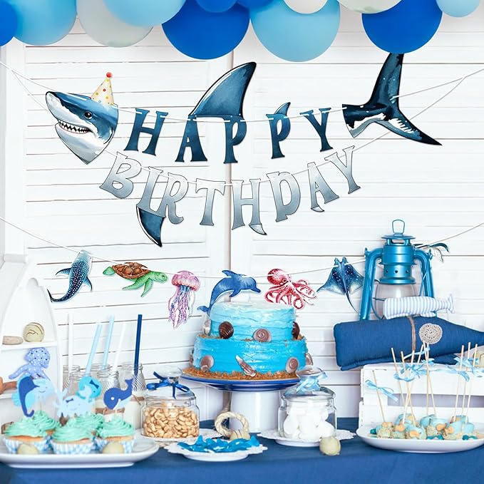 Hooqict Ocean Birthday Party Decorations Shark Happy Birthday Banner Garland Sea Ocean Party Banner for Kids Boys Under The Sea Animal Themed Party Decorations