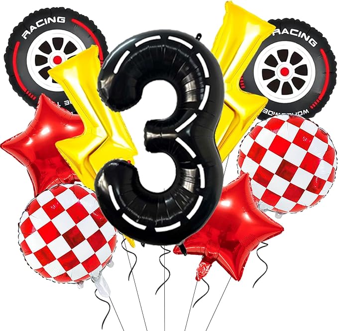 Cartoon Race Car Birthday Party Decorations Large Lightning Bolt Foil Balloons Race Car Balloons 40 Inch Racetrack Number 3 Balloon for Boys 3rd Cars Themed Birthday Party Decor Supplies