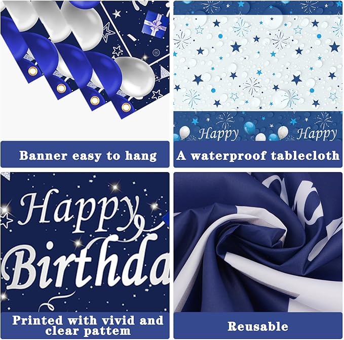 Blue Birthday Decorations, 37 PCS Blue and Silver Party Decorations for Men Boys Women Girls, Happy Birthday Backdrop Banner Tablecloth Party Supplies Confetti Balloons Arch
