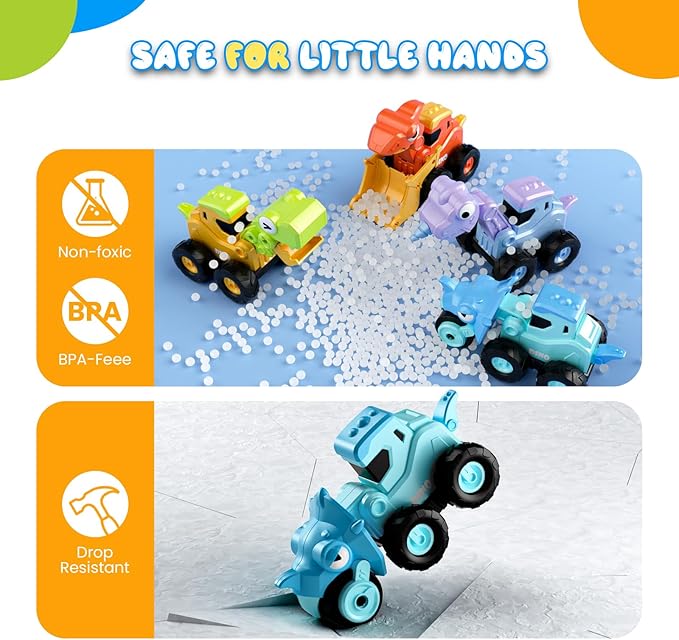 Construction Toys for 2 3 4 5 Year Old Boy Kids Toddlers, Press and Go Dino Truck Construction Vehicle Toys Sandbox Excavator Toys Boy Birthday Gifts