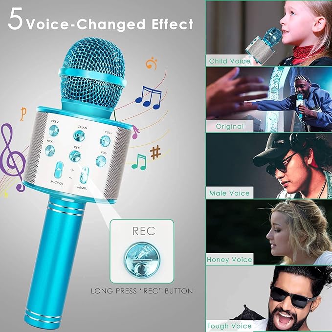 Wireless Bluetooth Karaoke Microphone for Kids, 5-in-1 Portable Handheld Karaoke Mic Speaker Player Recorder with Adjustable Remix for Kids Girls Boys Teens Birthday (Blue)