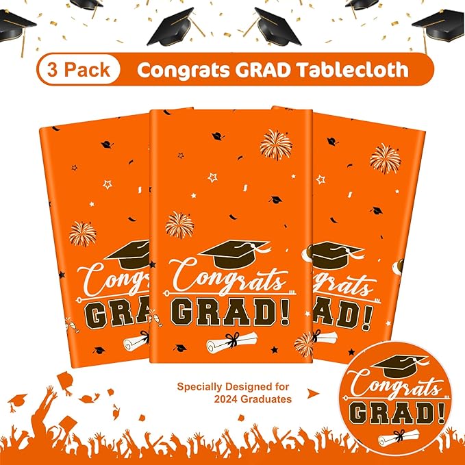 3 Pcs Graduation Tablecloth - Congrats Grad Table Cloth for Class of 2026, Disposable Plastic Rectangle Grad Table Cover for Graduation Party Decorations 2026 and Party Supplies, 54 x 108 Inch,Orange