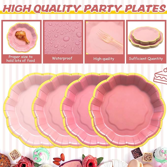 192 Pcs Pink Gold Plates Party Supplies Severs, Guests Disposable Party Decorations, 7'' and 9'' Scalloped Paper Plates, Cocktail Napkins Plastic Forks for Birthday Wedding