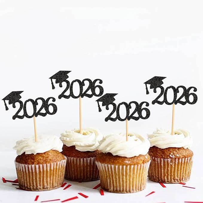 24Pcs graduation cupcake toppers 2026, Food/Appetizer Picks For Graduation Party Mini Cake Decorations, 2026 Cupcake Toppers(Black)