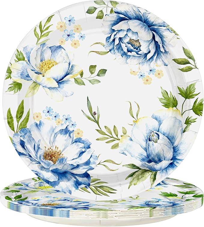 50Pcs Spring Flowers Floral Paper Plates 10 Inch Heavy Duty Disposable Spring Blue Floral Peony Party Decorations Spring Flowers Themed Plates for Wedding Boho Picnic Birthday Dinner Party Supplies