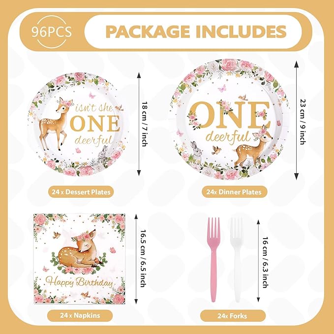96Pcs Pink Deer Girl 1st Birthday Party Supplies Isn't She Onedeerful Plates and Napkins Pink Floral Deer Tableware Set for One Year Girl Floral 1st Birthday Baby Shower Party Supplies，Serves 24