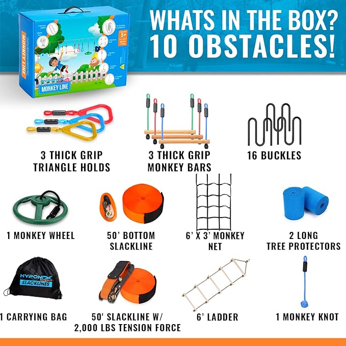 Hyponix Ninja Warrior Obstacle Course for Kids – 2 x 50 ft Slackline with 10 Outdoor Ninja Obstacles, Supports 880lbs – Monkey Net, Ratchet-Tight Tech, Climbing, Swinging & Balance Training, Ages 3+