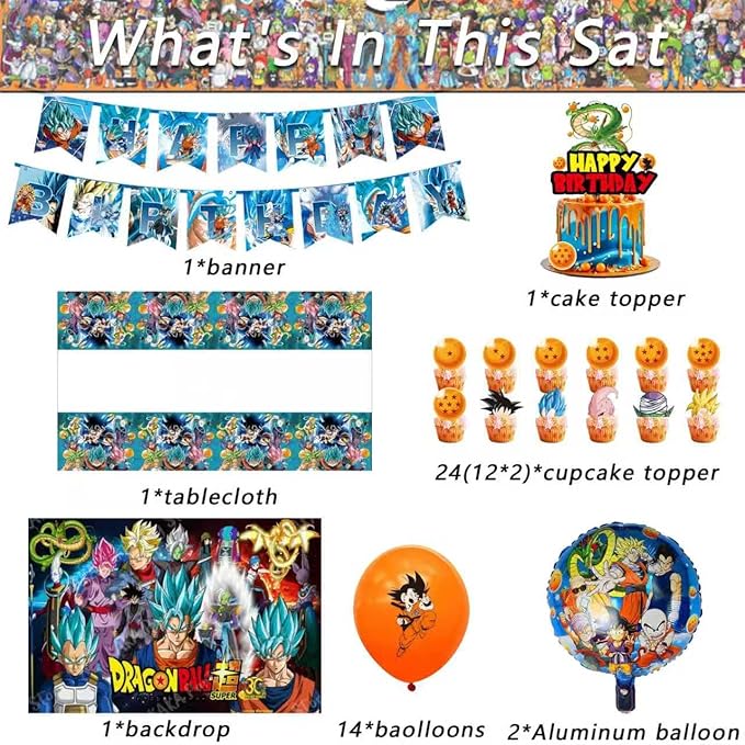 42PCS Dragon Ball Birthday Party Supplies: Banner, Cake Topper, Tablecloth, Backdrop, Cupcake Toppers, Balloons, Aluminum Balloons