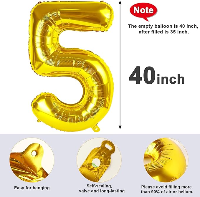 Balloon Numbers 40 Inch 5 Ballon for 5th Birthday Decorations, 15 25 35 50 Big Gold Number Balloons for Wedding Graduation Party Decor