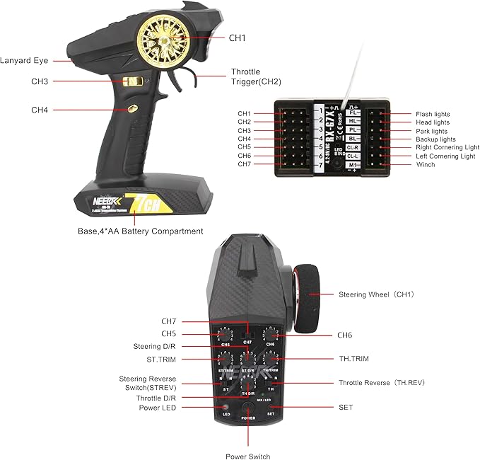 7 Channels RC Transmitter with Receiver Built-in Light Control System and 12LED Light Set, 2.4GHz Radio Remote Controller for RC Car Crawler Truck Buggy Off Road On Road Boat Tank(Golden)