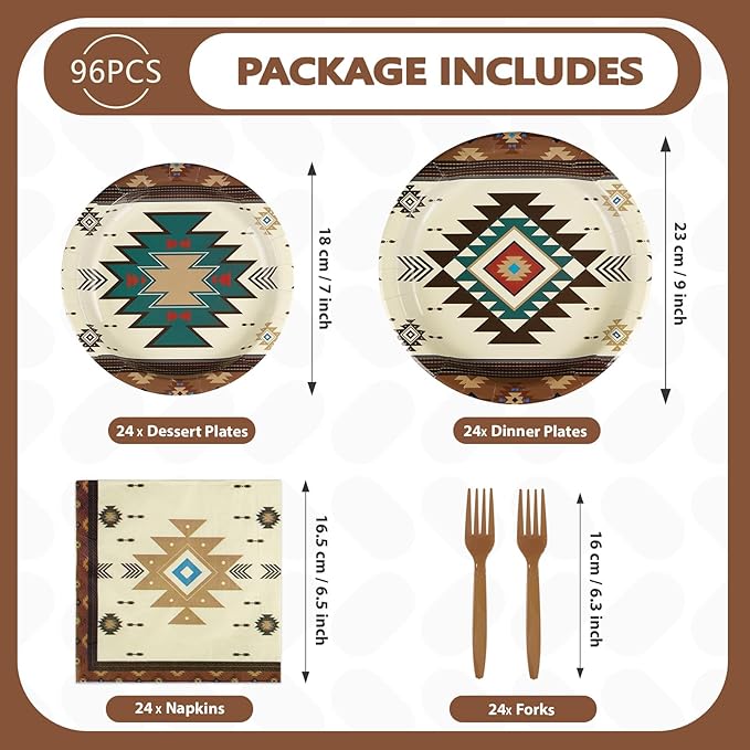 96Pcs Western Aztec Decorations Mexican Geometric Brown Plates and Napkins Native American Decorations Favors for Mexican Theme Vintage Birthday Baby Shower Dinner Party Supplies Serves 24