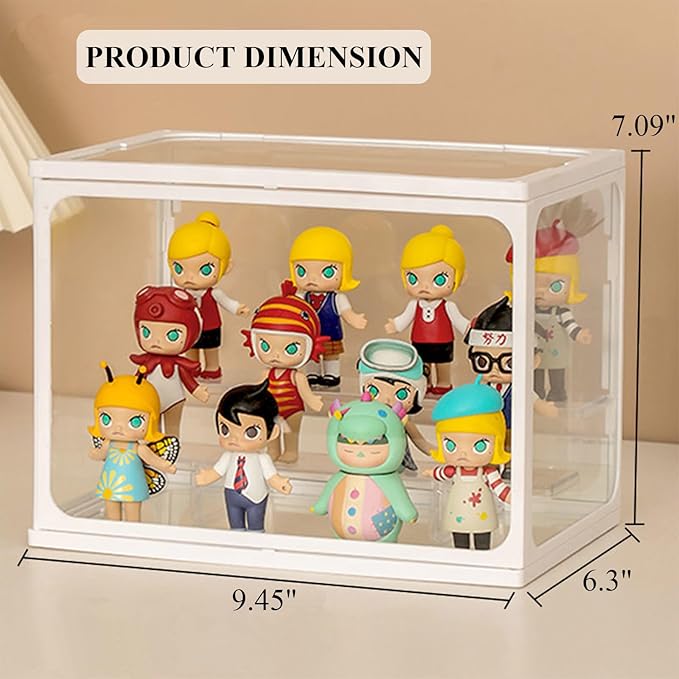 Glass Display Case for Figures with Light 2 Tier Clear Display Stand for Collectibles Stackable Assemble Display Box for Action Figures Toys Dustproof Clear Storage Box Showcase for Pop Mart(1 Pack)