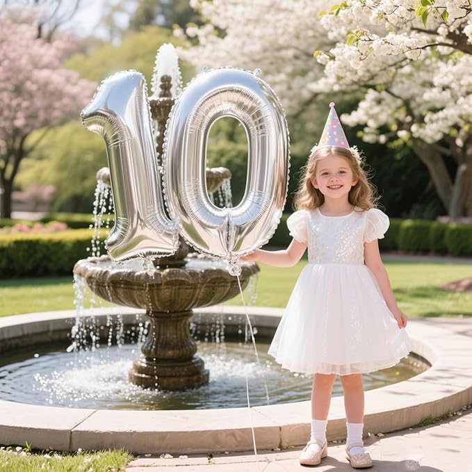 40 Inch Silver Number 10 Digital Balloon,Jumbo Mylar Foil Helium Balloon for 10 Balloons for Birthday Party,Wedding Anniversary Party Decorations