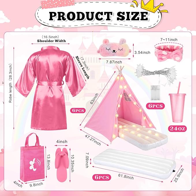 6 Set Sleepovers Teepee Tents Spa Party Robes Supplies Bulk with Inflatable Airbed and Light String, Party Supplies for Birthday Movie Spa Favors Gifts Indoor Outdoor(6 Pink)
