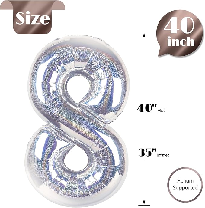 Laser Silver 8 Balloon, Number Balloons 40 Inch, 8th Birthday Decorations for Girls, Birthday Balloons, Laser Silver Party Supplies, Number 8 Balloon